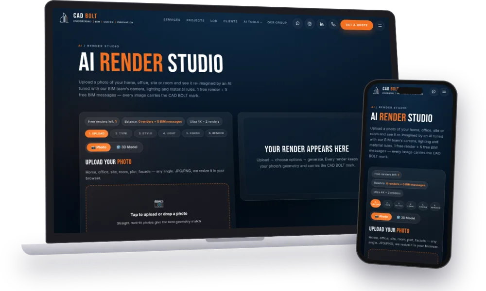 CAD BOLT AI Render Studio on a laptop and phone