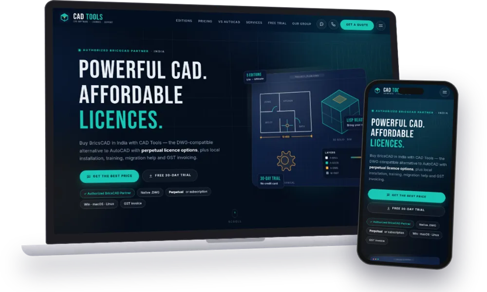 CAD Tools BricsCAD reseller website on a laptop and phone
